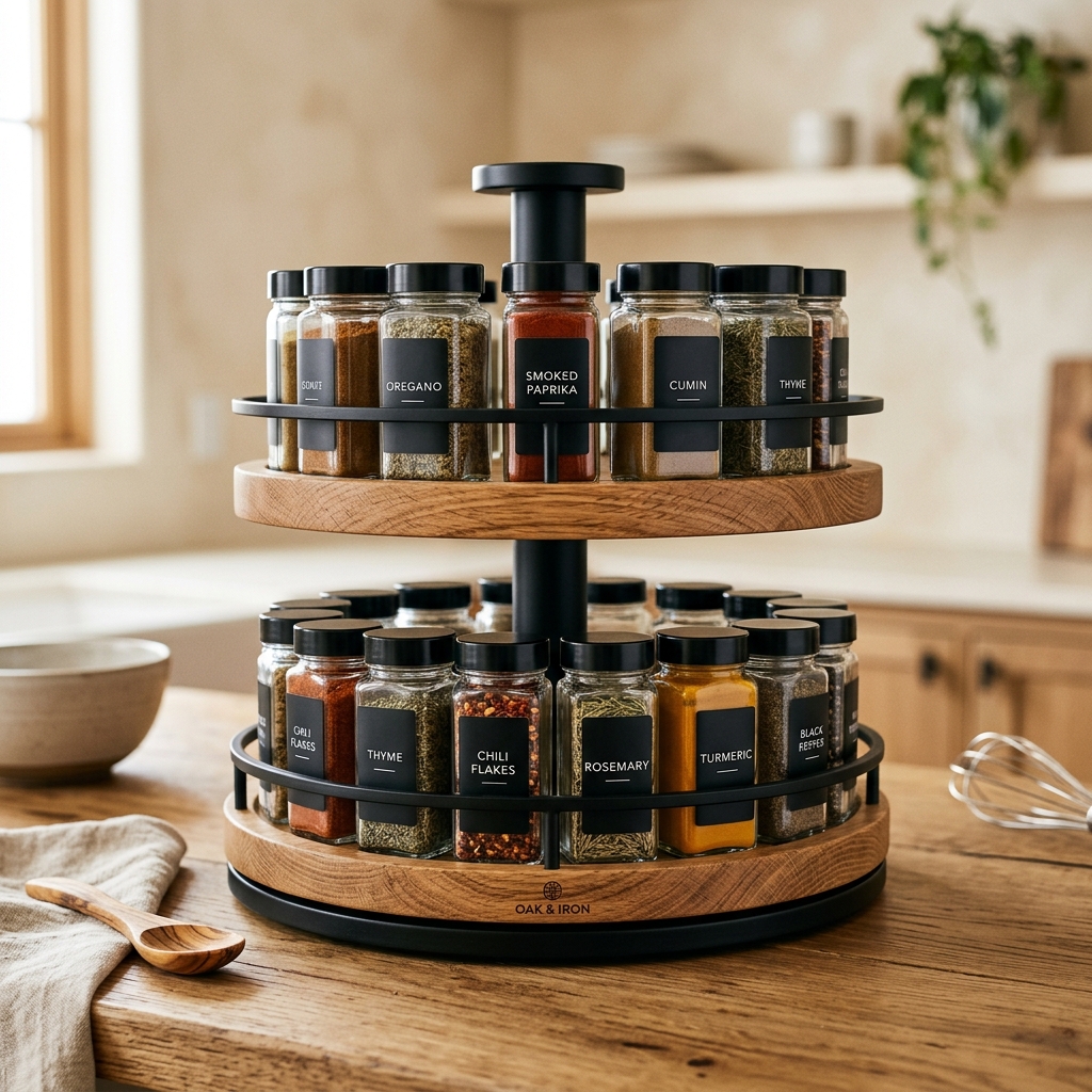 GamMiris 2-Tier Rotating Spice Turntable Carousel made of oak and black metal
