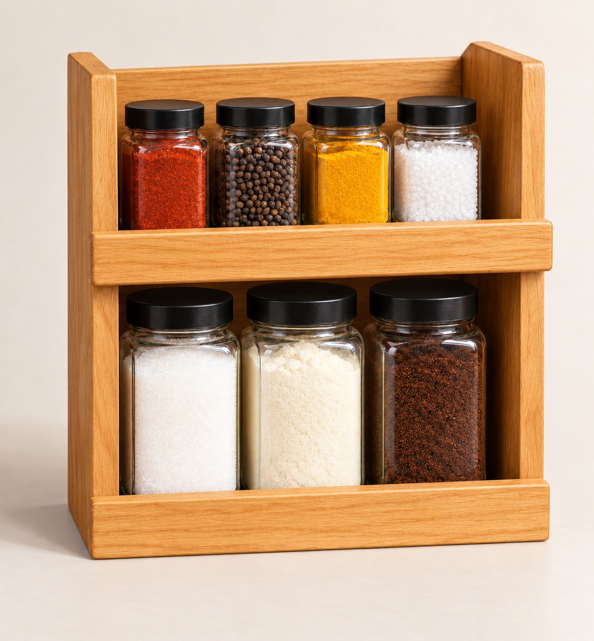 A wooden rack holding clear spice jars on two shelves
